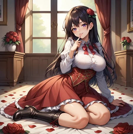 score_9, score_8_up, score_7_up, source_anime, (detailed background),  intricate detail, BREAK,  rating_questionable, uncensored, <lora:Pony_DetailV2.0:1.5>,bell skirt, <lora:bell_skirt-PD-1.0:1>, frills, layered skirt, lace, boots, thighhighs, puffy sleeves, head tilt, hand to mouth, seductive smile, black hair, purple eyes, thighs,roses, rose petals, rose petals on floor