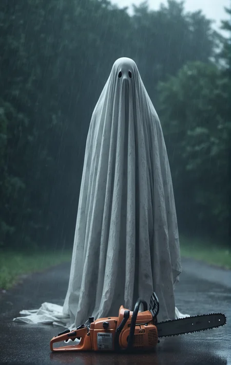 sheetghost person (holding a chainsaw in a heavy rainstorm :1.7) , dangerous and spooky. Horror film style. . . <lora:SheetGhost SDXL LoRA - Trigger with Sheetghost Person:1>