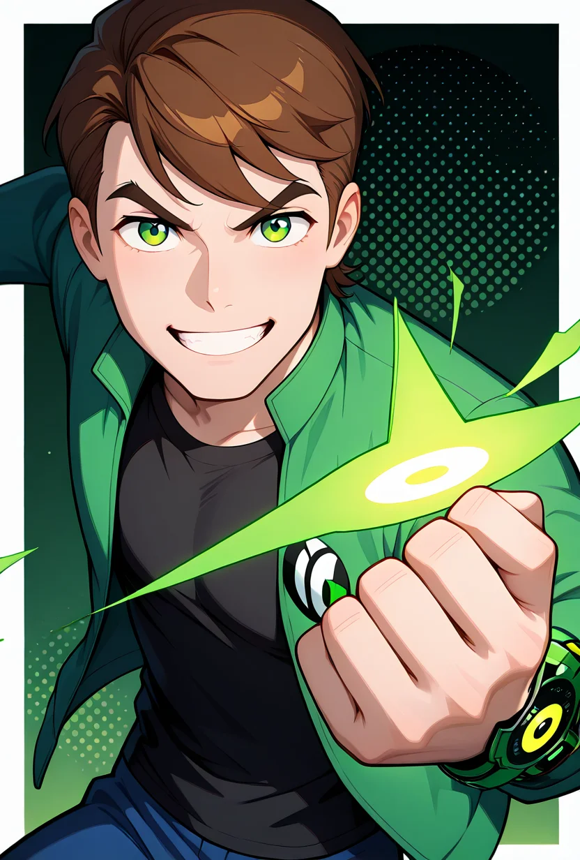 <lora:benuaf-08:1> benuaf, short hair, 1boy, brown hair, green jacket, open jacket, black shirt, long sleeves, thick eyebrows, blue pants, green eyes, dark green background, showing off green watch, angry, smile, clenched teeth, omnitrix watch, looking at viewer, arm forward, pulling sleeve back, masterpiece, best quality, amazing quality, very aesthetic, absurdres, newest,, upper body, halftone effect, white borders, abstract background:1.2,