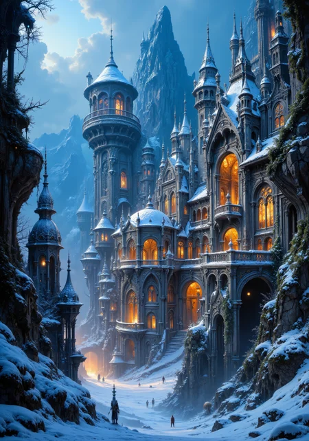A breathtaking ensemble of fantastical architecture emerges under a crisp twilight sky. An opulent frost-kissed palace with ornate carvings and shimmering diamond frost shares a landscape with fortified castles, mystical temples, and ancient monasteries. Intricate mosaics of luminous brushstrokes, delicate ivy tendrils twining around majestic colonnades, and ethereal stained-glass windows evoke a realm of regal mystery. The fusion of antique stone textures and vibrant icy blues, opulent gold accents, and glimmering silvers radiates a magical ambiance. Grand vaulted archways and intricate sculptural details add artistic elegance and technical grandeur, captured in ultra-detailed 8k resolution with a masterpiece aesthetic. <lora:FluxMythR3alisticF:0.8> <lora:artisketchyfs-v02:0.5> <lora:Rainbow_on_black_style-000003:0.5> <lora:flux_dev:1>