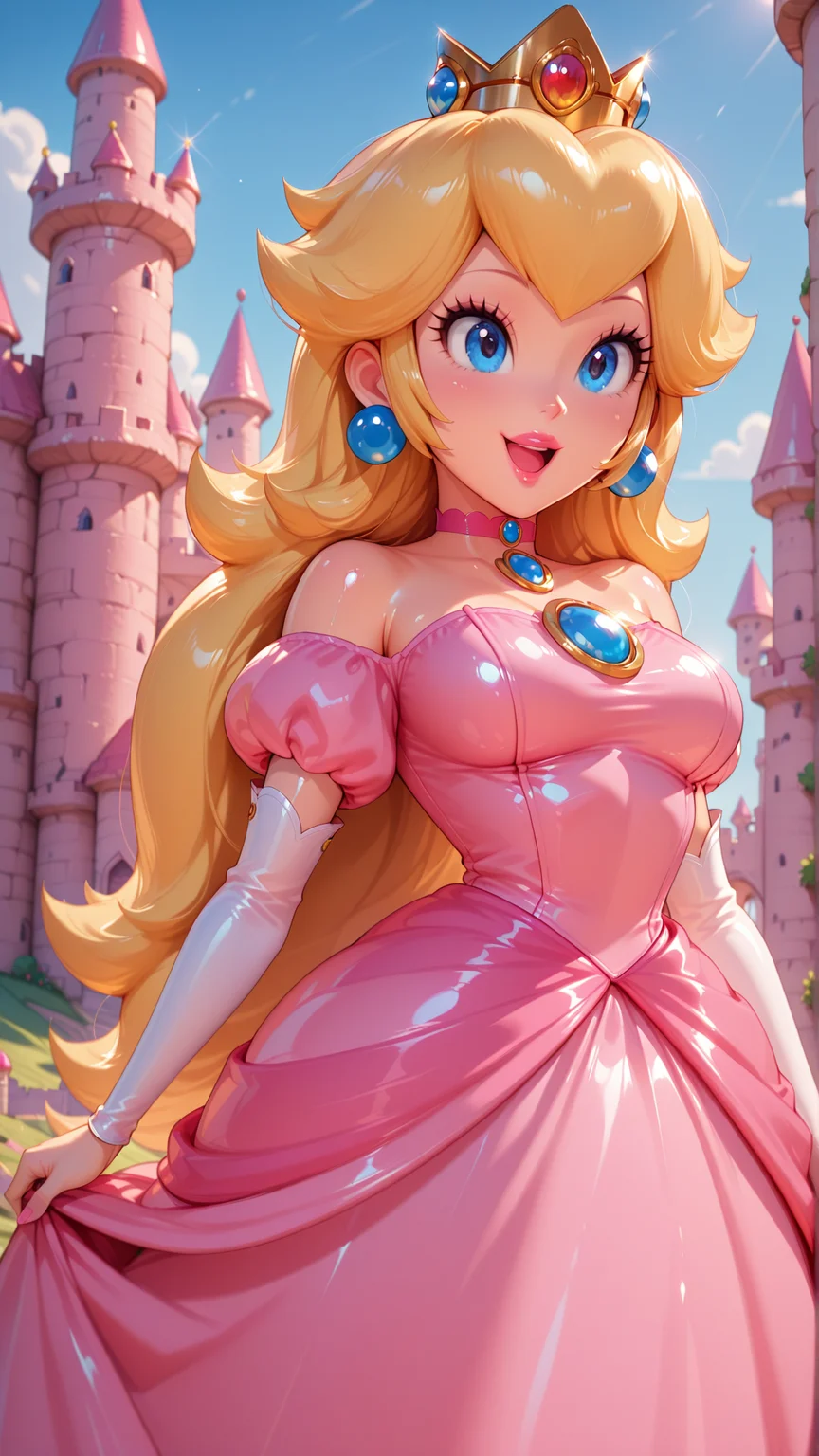 <lora:Princess_Peach_Shiny_Style_V3.0_Illustrious:0.7>,princess peach,1girl,solo,jewelry,earrings,long hair,breasts,very long hair,big hair,choker,dress,medium breasts,bare shoulders,:d,outdoors,smile,open mouth,shiny,shiny skin,castle,