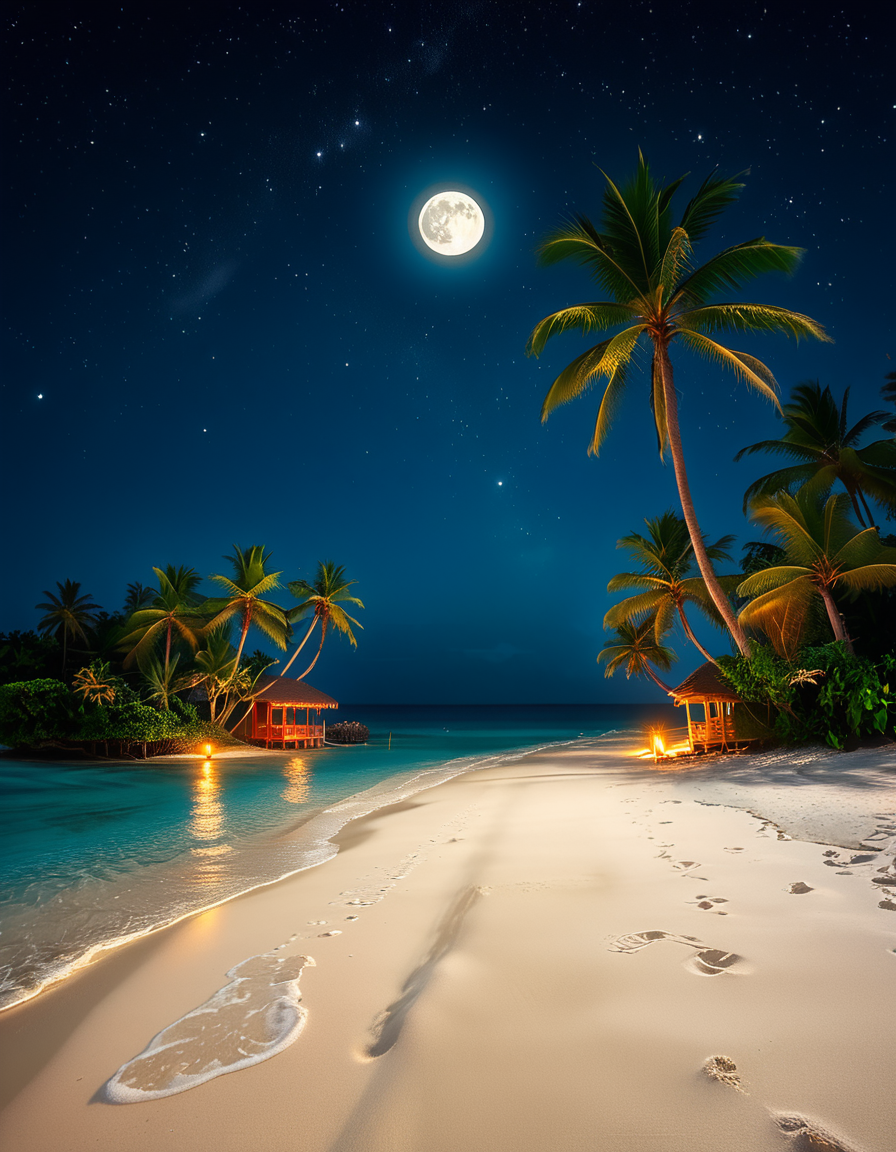 A breathtaking tropical beach at night, illuminated by the soft glow of the moon and twinkling stars. The ocean waves gently lap against the shore, reflecting silver moonlight. Tall palm trees sway slightly in the warm night breeze, their silhouettes contrasting against the deep blue sky. The sand appears smooth and slightly damp, glowing under the moonlight. In the background, distant islands are faintly visible on the horizon, their outlines softened by a light mist. The sky is filled with a mesmerizing display of stars, with the Milky Way faintly visible. The atmosphere is tranquil and serene, evoking a sense of peace and wonder. The image has a high level of detail, realistic textures, and a dreamy cinematic quality.
<lora:SDXLFaeTastic2400:0.4> <lora:extremely_detailed:0.4> extremely detailed,  <lora:tropical_beach_4t_n1ght:1>,tropical beach 4t n1ght, Masterpiece,best quality,hi res,8k,hi res,8k,award winning,(sharp focus, intricate, highly detailed),