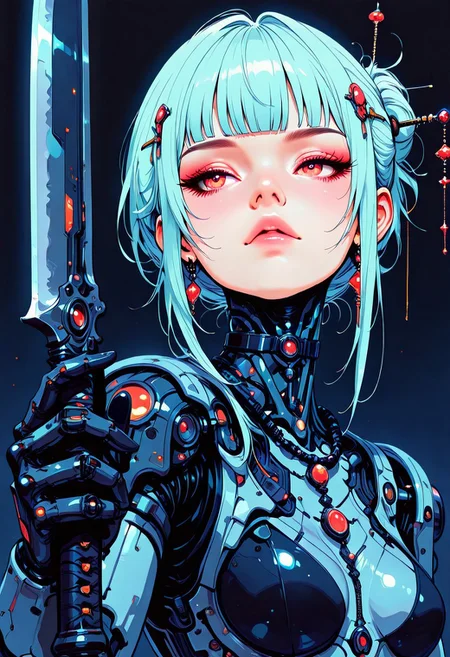 masterpiece, best quality, good quality, very aesthetic, absurdres, newest, 8K, depth of field, focused subject, in the style of cknc, artist:moriimee, in the style of cksc, BREAK
side portrait of stunning Chinese cyborg woman, bangs, sidelocks, bangs, choker, necklaces, earrings, hairpin, cybernetic bodysuit, robot joints, armour, holding scimitar, dynamic pose, dark background, detailed face, directional lighting, viewed from above