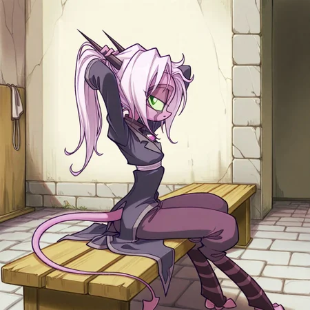 score_9, score_8_up, score_7_up,namah_calah,
1girl,solo,furry,tail, source_furry,horns,
,<lora:namah_calah_illustrious:0.8>,
masterpiece, child, kid,
masterpiece, best quality, long hair, sidelocks, pants, sitting, from side, looking at viewer, bench, indoors, stone floor, stone walls, arms behind head, tying hair