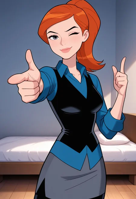 gwenuaf, 1girl, ponytail, solo, orange hair, lips, breasts, collared shirt, long sleeves, blue shirt, blue shirt collar, dark grey skirt, black vest, black pants,,  solo,, orange hair, lips, breasts, masterpiece, best quality, amazing quality, very aesthetic, absurdres, newest, 
pointing  at viewer, wink, smile, finger guns, bedroom,