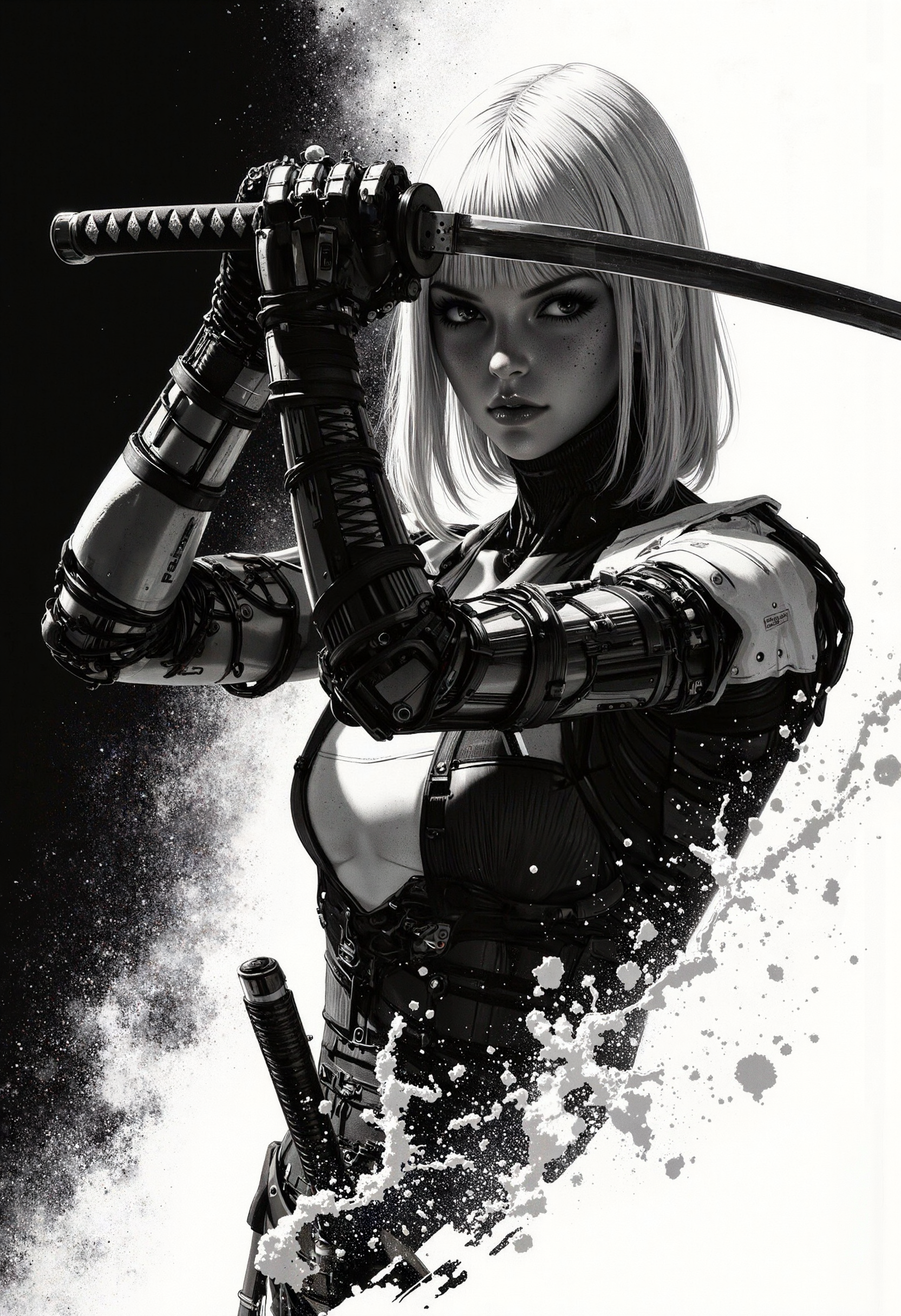 p0st_1mp4ct style, 8k Midjouney Anime Style, A dynamic manga sketch in black and white, showcasing a desolate female cyborg robot. Her joints are composed of intricate wires, metal, and synthetic materials, partially concealed by remnants of a battered armor plating. She holds a mysterious, powerful katana toward the viewer, which is dramatically disintegrating into dust and being carried away by the wind. High contrast emphasizes her silhouette against a moody, atmospheric background, with cinematic motion lines capturing the swirling dust and movement. The composition is striking, evoking a sense of drama and mystery, with a focus on the cyborg's determined gaze and the fleeting remnants of the sword. <lora:Evangelion_Post-impact_Apocalyptic_Style_Flux.1_D_by_AutoPastel-000019:0.38> <lora:Hand v2:0.99> <lora:Dark_Gray_Photography_flux:0.22> <lora:8k Midjouney Anime Style:0.83> <lora:katana-v01:0.79>