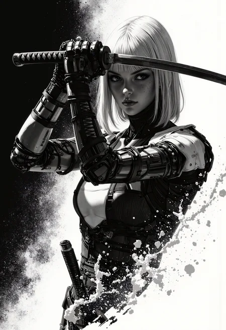 p0st_1mp4ct style, 8k Midjouney Anime Style, A dynamic manga sketch in black and white, showcasing a desolate female cyborg robot. Her joints are composed of intricate wires, metal, and synthetic materials, partially concealed by remnants of a battered armor plating. She holds a mysterious, powerful katana toward the viewer, which is dramatically disintegrating into dust and being carried away by the wind. High contrast emphasizes her silhouette against a moody, atmospheric background, with cinematic motion lines capturing the swirling dust and movement. The composition is striking, evoking a sense of drama and mystery, with a focus on the cyborg's determined gaze and the fleeting remnants of the sword. <lora:Evangelion_Post-impact_Apocalyptic_Style_Flux.1_D_by_AutoPastel-000019:0.38> <lora:Hand v2:0.99> <lora:Dark_Gray_Photography_flux:0.22> <lora:8k Midjouney Anime Style:0.83> <lora:katana-v01:0.79>