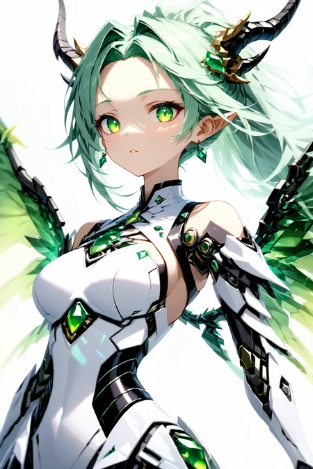 Jed-rbt, Dragon girl, 1girl, dragon horn, hair ornament, forehead jewel, Electromancer, crystal wings, green gemstone, jade \(gemstone\), (Depth of field hdr 8k 4k wallpaper cinematic angle, cinematic lighting:1.2), [(white background:1.2)::0.2], (atmospheric perspective background:1.2), newest, highres, illustration, incredibly absurdres, ultra detailed, masterpiece, best quality, [<lora:detailed_notrigger:0.95>::0.5], [:<lora:loraeyesxl:1.05>:0.5], <lora:RoboStyle:1><lora:aesthetic_anime_v1s:1.2>