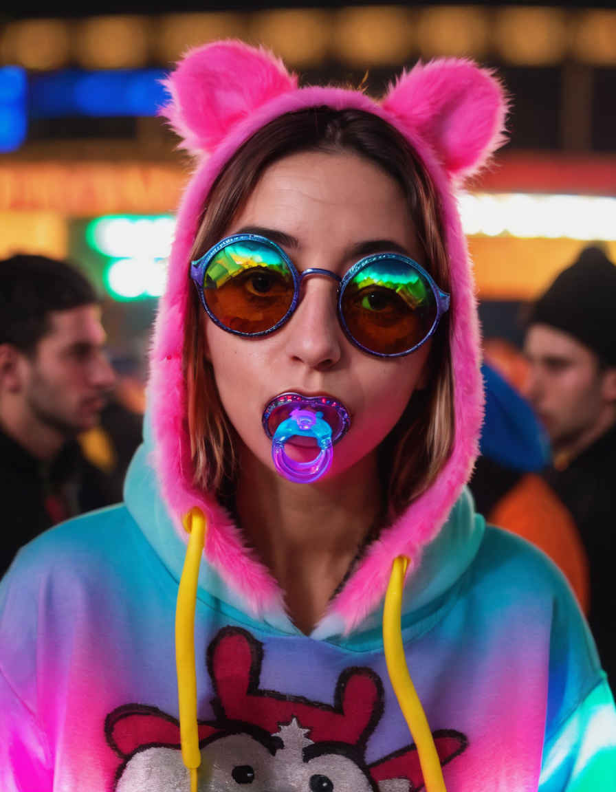<lora:rvst-000007:0.6>rvst, a woman with a pacifier in her mouth, raw photo, 8k, night, festival, beautiful, ecstatic expression, colorful, hoodie,  hood on, fur, sunglasses