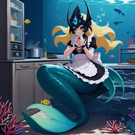safe, (masterpiece, very aesthetic:1.2), 1girl, namilol, mermaid, maid uniform, underwater, kitchen, coral, fish, cooking
<lora:Nami-LeagueOfLegends_NAIXL_v10:0.8>