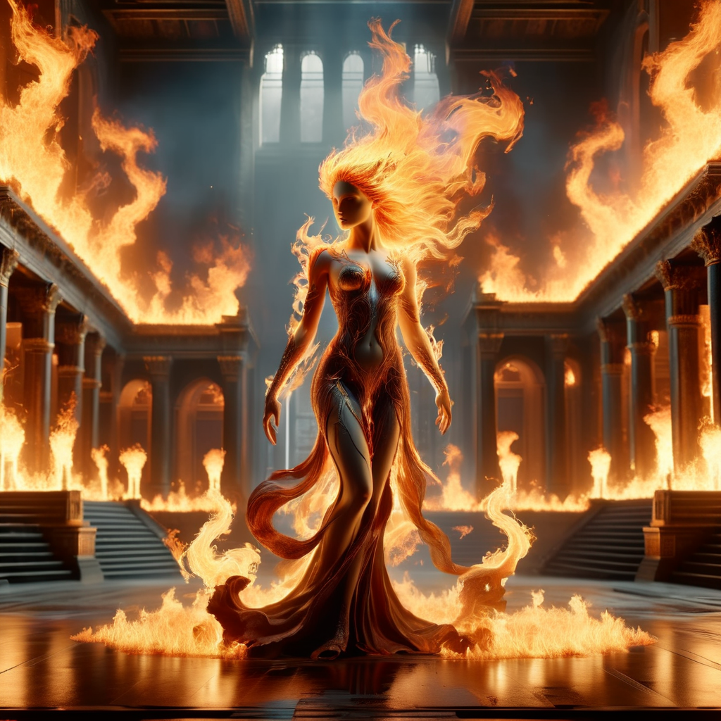 ignar a beautiful goddess of fire, a palace hall and a figure of flames in the background, dark, cinematic, enigmatic, photorealistic, very detailed<lora:ignar:1>