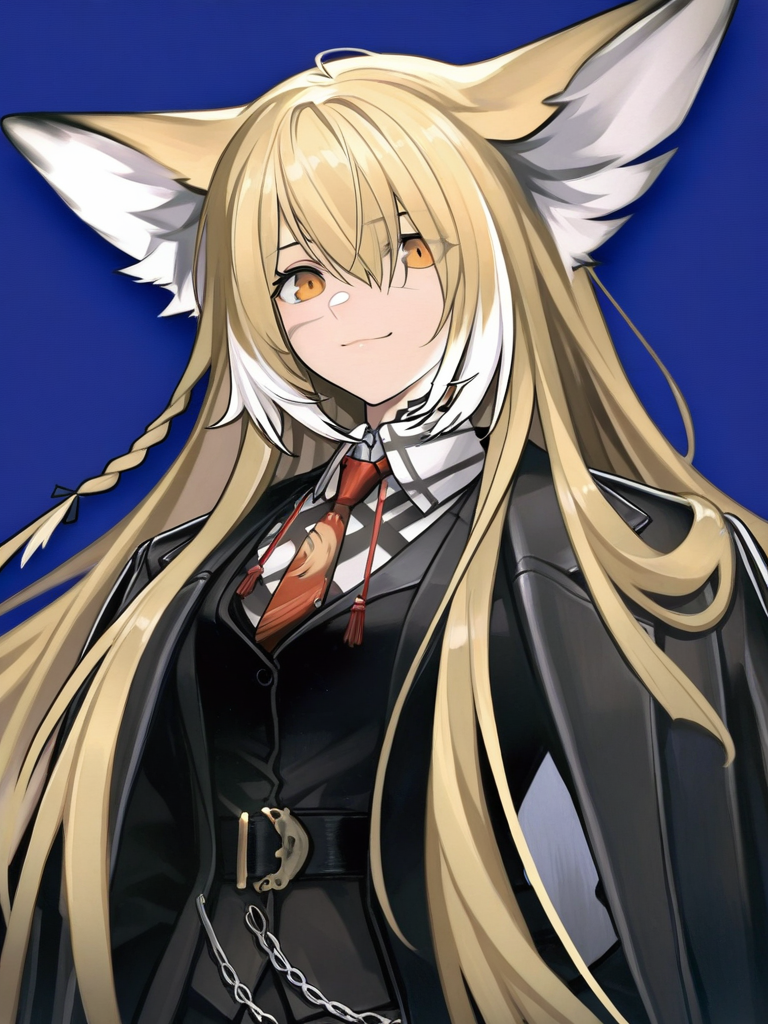 masterpiece, best quality, very aesthetic, highres, absurdres,(miurahha, bacius, ririko \(fhnngririko\):0.4), <lora:vulpisfoglia_v2:1>,vulpisfoglia (arknights), 1girl, solo, blue background, upper body, looking at viewer, smile, animal ear fluff, closed mouth, scar_on_face, scar, collared shirt, black vest, suit, black jacket, black pants, white shirt, black coat, coat on shoulders, belt, red necktie, long sleeves, formal