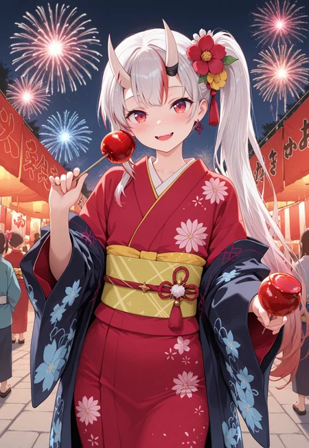 masterpiece, best quality, amazing quality, masterpiece, High quality, Ultra detailed, 2d, newest, absurdres, highres, outdoors, festival, night, fireworks, looking at viewer, smile, open mouth, food, candy apple, holding, offering to viewer, 1girl, solo, nakiri ayame, oni, oni horns, white hair, red hair, streaked hair, gradient hair, red eyes, ayamenewyear, long hair, side ponytail, hair flower, haori, off shoulder, red kimono, sash,