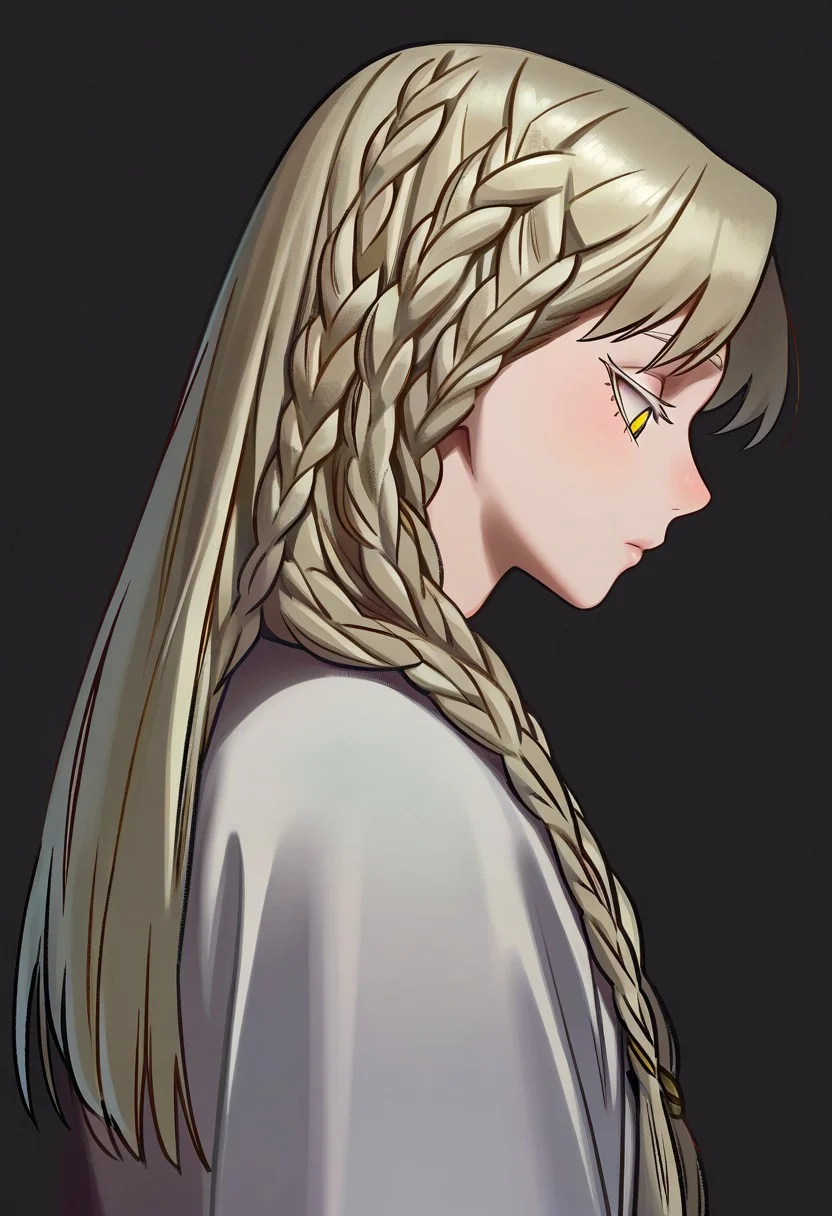 masterpiece, best quality, very aesthetic, high resolution, ultra-detailed, absurdres, newest, extremely detailed eyes, beautiful, perfect lighting, hi res, amazing quality, very awa, pvdc_il, PVDC_STL, sketch style, dirty style, pastel style, braid, long hair, male focus, 1boy, upper body, multiple braids, black background, profile, yellow eyes, from side, blonde hair, androgynous, closed mouth, looking down, eyelashes
