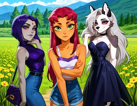 <lora:Illustrious\Characters\Raven.safetensors:0.4>,raven \(dc)\ raven, purple hair, purple eyes, grey skin, forehead jewel, colored skin, medium breasts, short hair, grey skin, Holding purse, sweater dress, jeans, (Facing viewer:1.3), hair, standing, facing viewer, looking at viewer, illustarfire, red hair, long hair, orange skin, green eyes, (bare collarbone:1.5), (bare arms:1.35), Crossed arms, white shirt, cropped jacket, denim shorts, hair, standing, facing viewer, looking at viewer, <lora:Illustrious\Characters\Loona \(WaifuChef VPred\).safetensors:1.0>, furry, animal ears, wolf girl, tail, furry female, wolf ears, loona, hellhound, claws, red eyes, wolf tail, breasts, medium breasts, red sclera, white eye, body fur, arms behind back, long dress, strapless dress, black dress, hair, standing, facing viewer, looking at viewer,