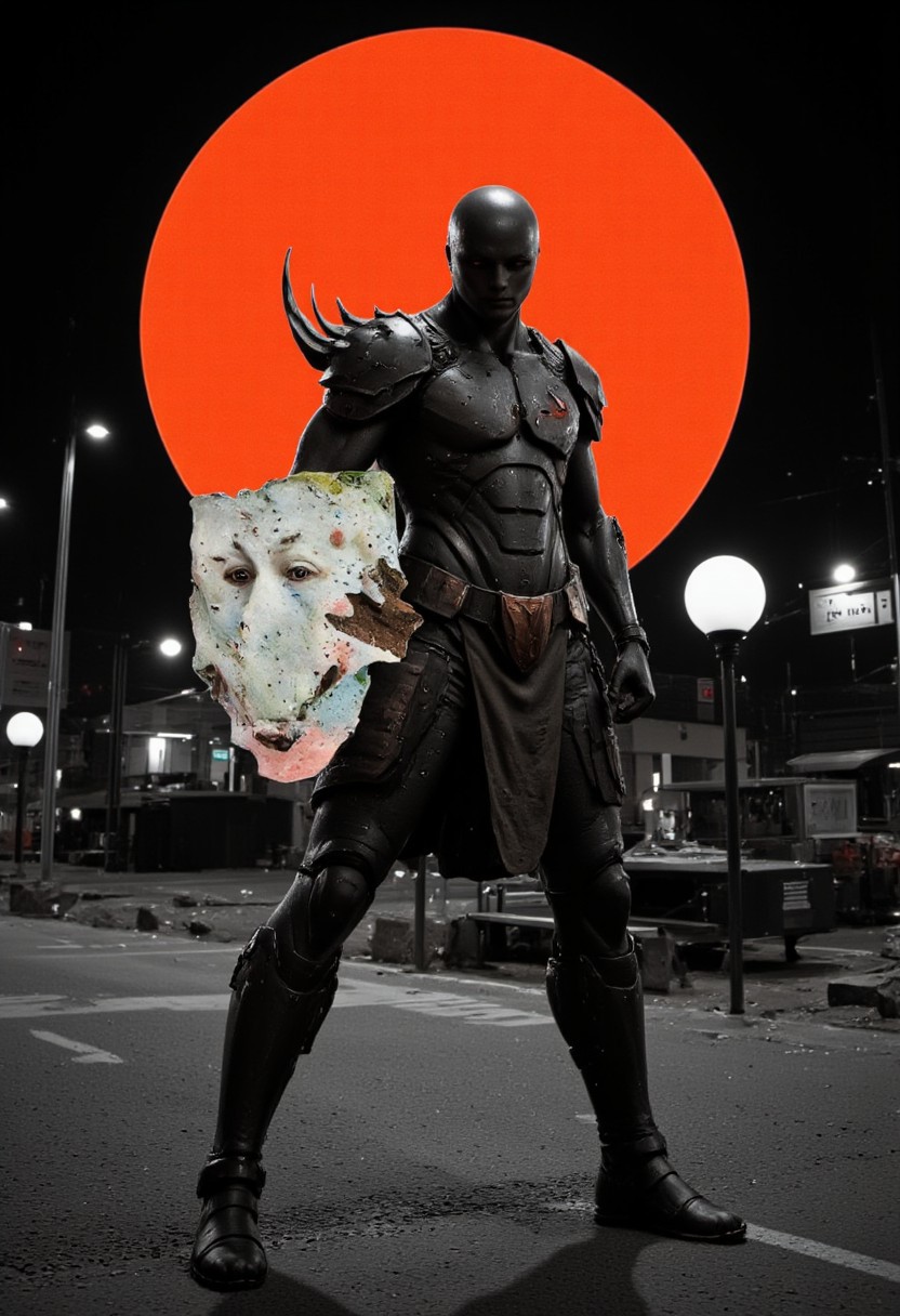 trippy, collage, surreal, khanette, amateurish photo, Infrared Photos Style, best quality,solo focus,solo,gantz-advancedsuit,osaka \(city\),doutonbori,(midnight,neon sign:1.3), gantz advanced suit, orange sun in background, funny super hero theme, cut out, paper work