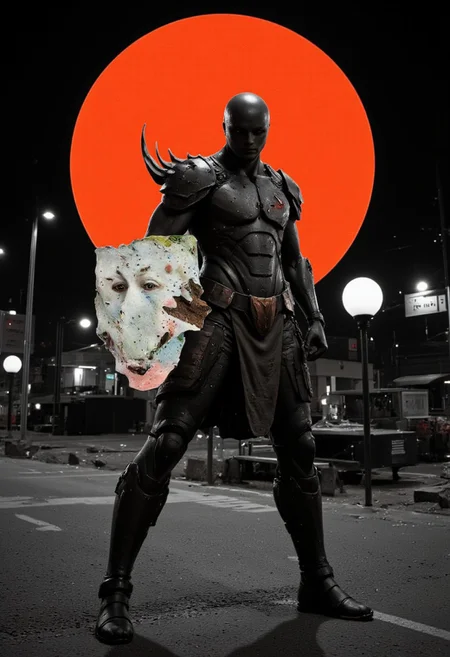 trippy, collage, surreal, khanette, amateurish photo, Infrared Photos Style, best quality,solo focus,solo,gantz-advancedsuit,osaka \(city\),doutonbori,(midnight,neon sign:1.3), gantz advanced suit, orange sun in background, funny super hero theme, cut out, paper work