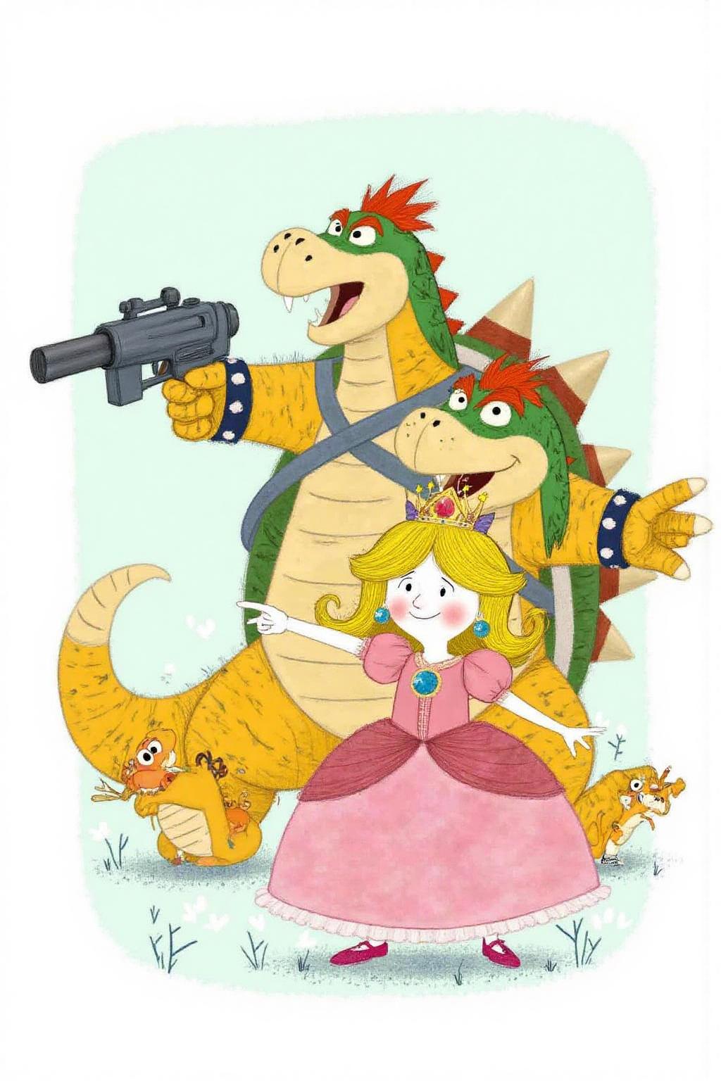 Illustration. Princess pointing a machine gun at Bowser. <lora:macha1_cap_d6a3e12:1.0><lora:827746709116542139:0>