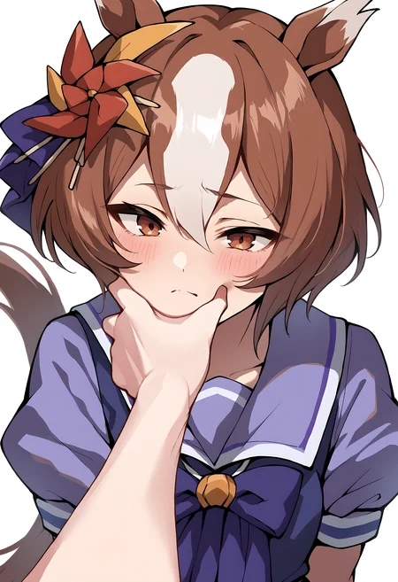 score_9, score_8_up, score_7_up, score_6_up, score_5_up, score_4_up, BREAK source_anime, rating_explicit,
masterpiece, best quality, ultra detailed, perfect face, detailed face,
1girl, povcheekgrabbing, solo focus, hand on another's face, upper body, close-up, hand behind back, leaning forward,
yaeno muteki, short hair, hair ornament, tail, horse tail, tracen school uniform, purple shirt, sailor collar, puffy short sleeves, purple bowtie, <lora:Hoseki_Umamusume_YaenoMuteki_PDXL_v1:1> <lora:sppovCheekGrabbingmemeXLPony:1>