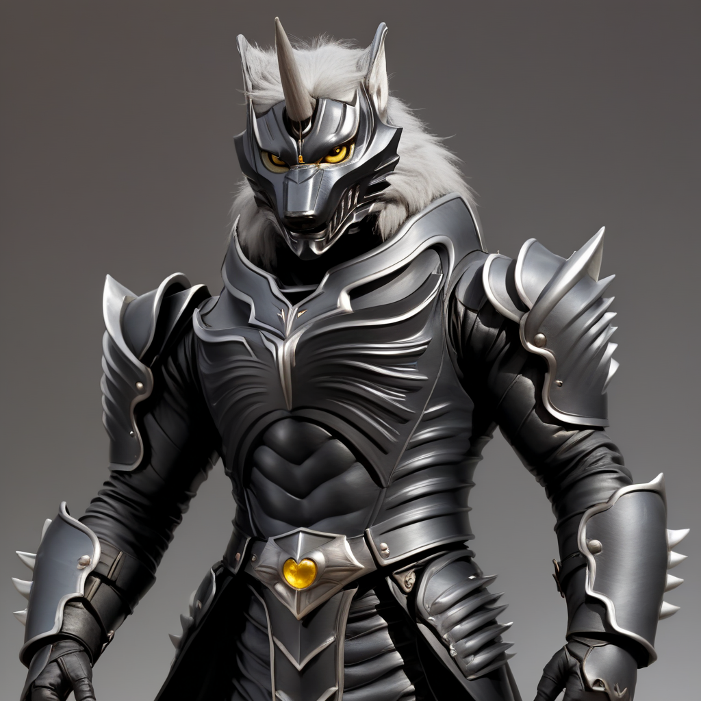 score_9, score_8_up, score_7_up, score_6_up, score_5_up, score_4_up, 
dynamic action pose, male, handsome, powerful muscular body, (full body), (Totality Embodiment), breathtaking beauty, pure perfection, divine presence, unforgettable, impressive, chiaroscuro, night time,
black metal armor, grey wolf, grey body, grey skin, grey fur, villain, glowing yellow eyes, long white hair, wolf face helmet, wolf face mask, single horn on forehead, powerful muscular warrior like body, opened armored leather long jacket, thick arms, thick legs, wide thick chest, large pecs, abs, dashing, evil, villain, supervillain, masterclass oil painting, 
 <lora:Zen_Aku_Power_Rangers_Wild_Force_AD_SDXL:0.65>