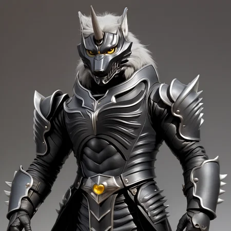 score_9, score_8_up, score_7_up, score_6_up, score_5_up, score_4_up,
dynamic action pose, male, handsome, powerful muscular body, (full body), (Totality Embodiment), breathtaking beauty, pure perfection, divine presence, unforgettable, impressive, chiaroscuro, night time,
black metal armor, grey wolf, grey body, grey skin, grey fur, villain, glowing yellow eyes, long white hair, wolf face helmet, wolf face mask, single horn on forehead, powerful muscular warrior like body, opened armored leather long jacket, thick arms, thick legs, wide thick chest, large pecs, abs, dashing, evil, villain, supervillain, masterclass oil painting,
<lora:Zen_Aku_Power_Rangers_Wild_Force_AD_SDXL:0.65>
