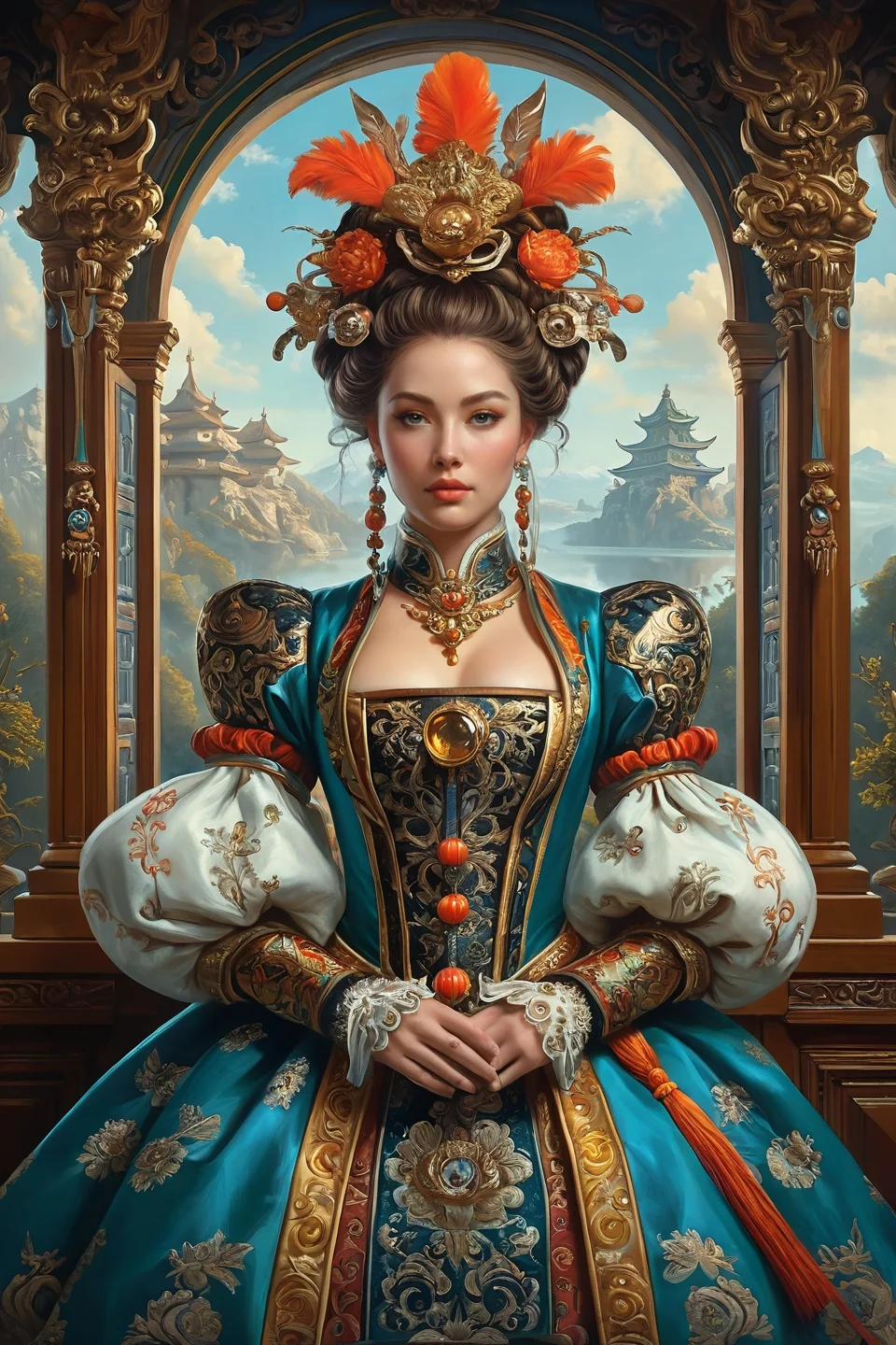 Baroque, Baroque, landscape,creator landscape, "symmetry!! portrait of a machine from horizon zero dawn, machine face, decorated with chinese opera motifs, asian, chinese art, intricate, elegant, highly detailed, digital painting, artstation, concept art, smooth, sharp focus, illustration, art by artgerm and greg rutkowski and alphonse mucha, 8 k",
<lora:clear:0.15> style of Michael Cheval.
<lora:greg_rutkowski_xl_2:0.3> greg rutkowski,
clear <lora:tbh129-sdxl:0.3>,
<lora:extremely_detailed:0.7> extremely detailed ,
<lora:add-detail-xl:0.7>,, Fantasy painting art style, imaginative, dynamic composition, professional-grade execution, creates immersive world and landscape, painterly, epic, magical, dramatic, exuberant, grandeur, baroque art, oil painting art style from Renaissance period, masterful composition, Renaissance mood, renaissance oil painting, brush strokes, dramatic, exuberant, grandeur, baroque art