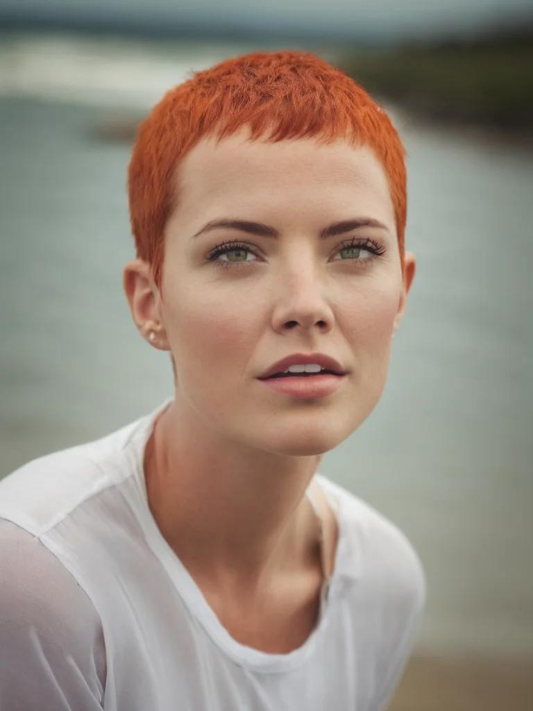woman, irish, dreaming, (looking away:1.7), fair skin, surprised<lora:A_SHort_Cut_v3_SDXL:1.1>(very short hair:1.5), (buzz cut:1.2), olive green eyes, light red head, on the beach, white shirt, sunny day