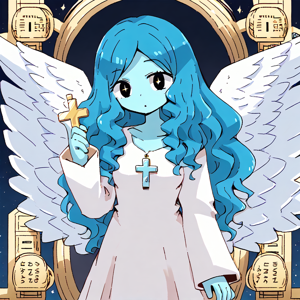<lora:cre:1>,   <lora:missgoddess:0.8>, missgoddess, 1girl, solo, (feathered white wings:1.5), blue hair, colored skin, cyan skin, white dress, long sleeves, rosary, black eyes, star-shaped pupils, wavy hair