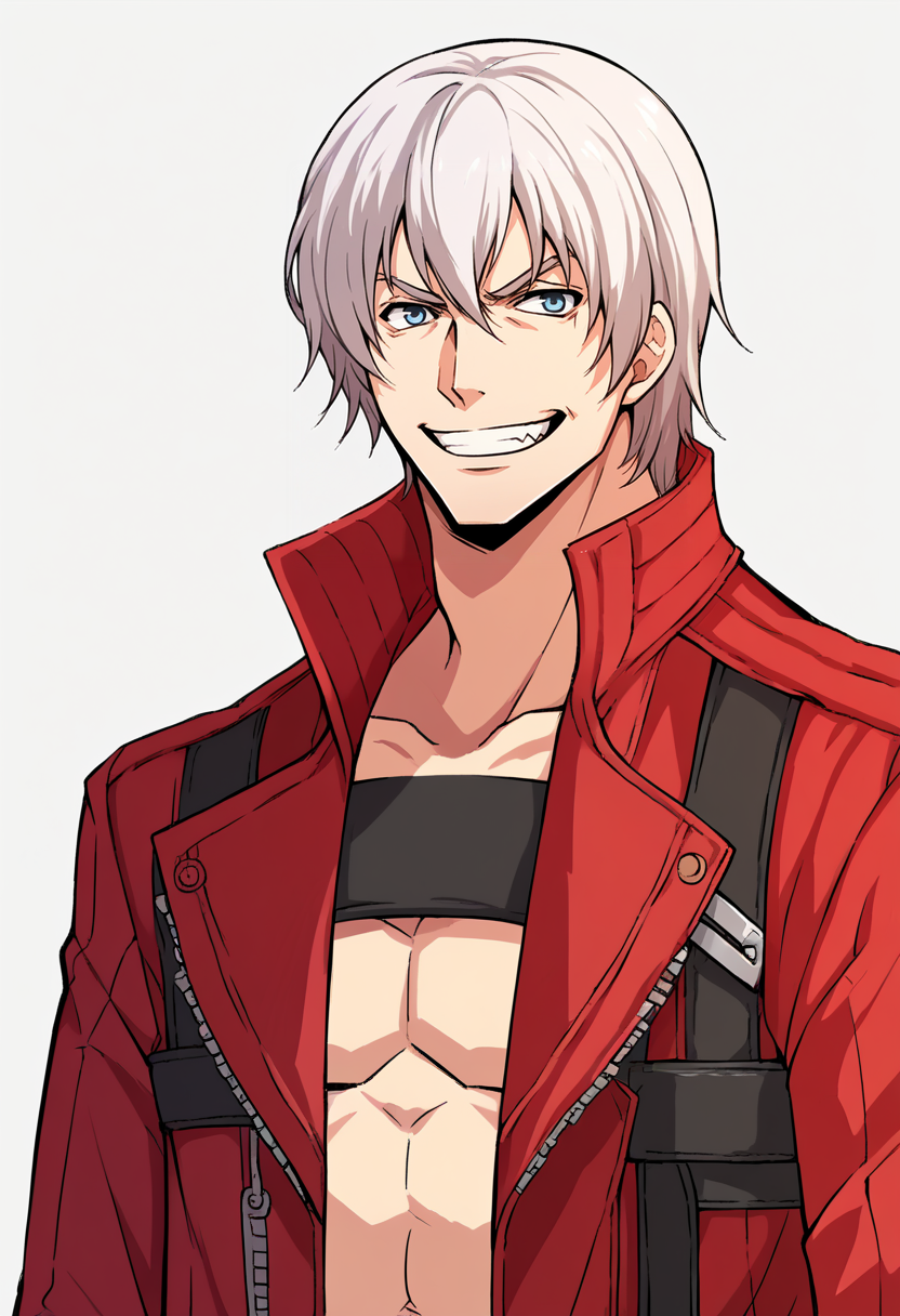 score_9, score_8_up, score_7_up, source_anime BREAK
<lora:zs_ZeroAzurePortraitsXL:1> zeroazureportraits, solo, upper body, simple background, upper body, 1guy, grin 
 <lora:dmc3_dante_ponyXL:1> dmc3dante, red coat, bandeau, fingerless gloves, pants