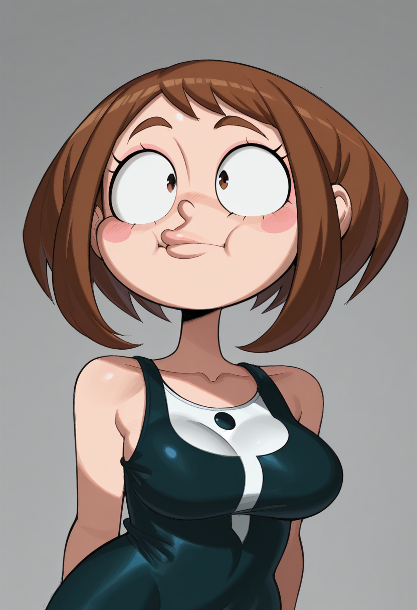j0j0, masterpiece, best quality, solo,   uraraka ochako, cheeks puffed out,  eye squint, ,