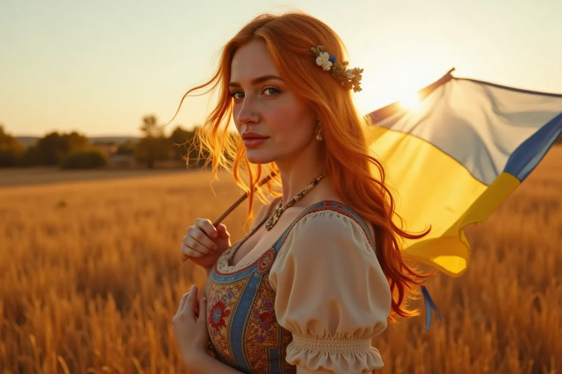 A cinematic, photorealistic portrait of krasinafoxx, a red-haired woman with her hair woven into a traditional Ukrainian braid, adorned with delicate wildflowers and ribbons. She wears an ornate, embroidered Ukrainian dress in warm earth tones. Standing in a windswept rural field under golden hour light, she holds the Ukrainian flag close to her heart with solemn pride. Her eyes are filled with quiet strength, hope, and a plea for peace. The image is framed like a scene from an Eastern European historical drama — soft natural light, subtle lens flare, muted cinematic color grading, fine film grain, and shallow depth of field. The mood is emotional, powerful, and steeped in cultural identity.