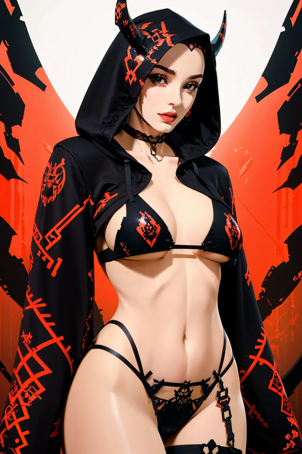 masterpiece, best quality, high quality, <lora:detail_slider_v4:2> <lora:age_slider_v2:3> <lora:techk1ttyred:0.9> techk1tty, bikini, red and black bikini, red and black theme, plastic, lingerie, tech wear, choker, bra, panties, garterbelt, thigh strap, horns, belt, hood, collar, hoodie, black bikini, hood up, black hoodie, cropped hoodie