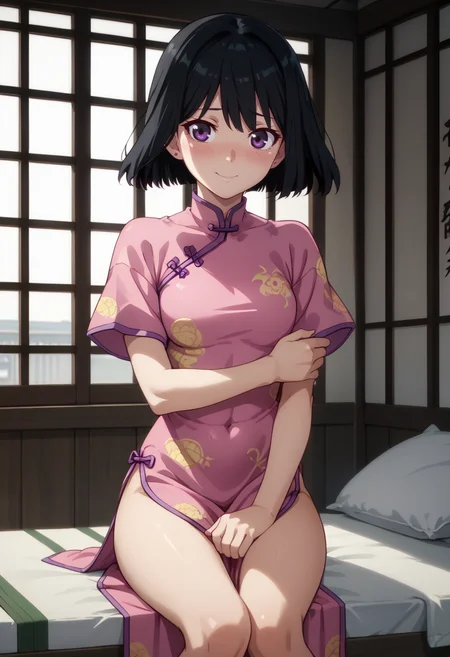 score_9, score_8_up,
1girl, <lora:SeiuHigasa_OffSeason_PDXL:0.9>, seiuhigasa, black hair, purple eyes,
china dress,
slight smile, blush, shy,
indoors