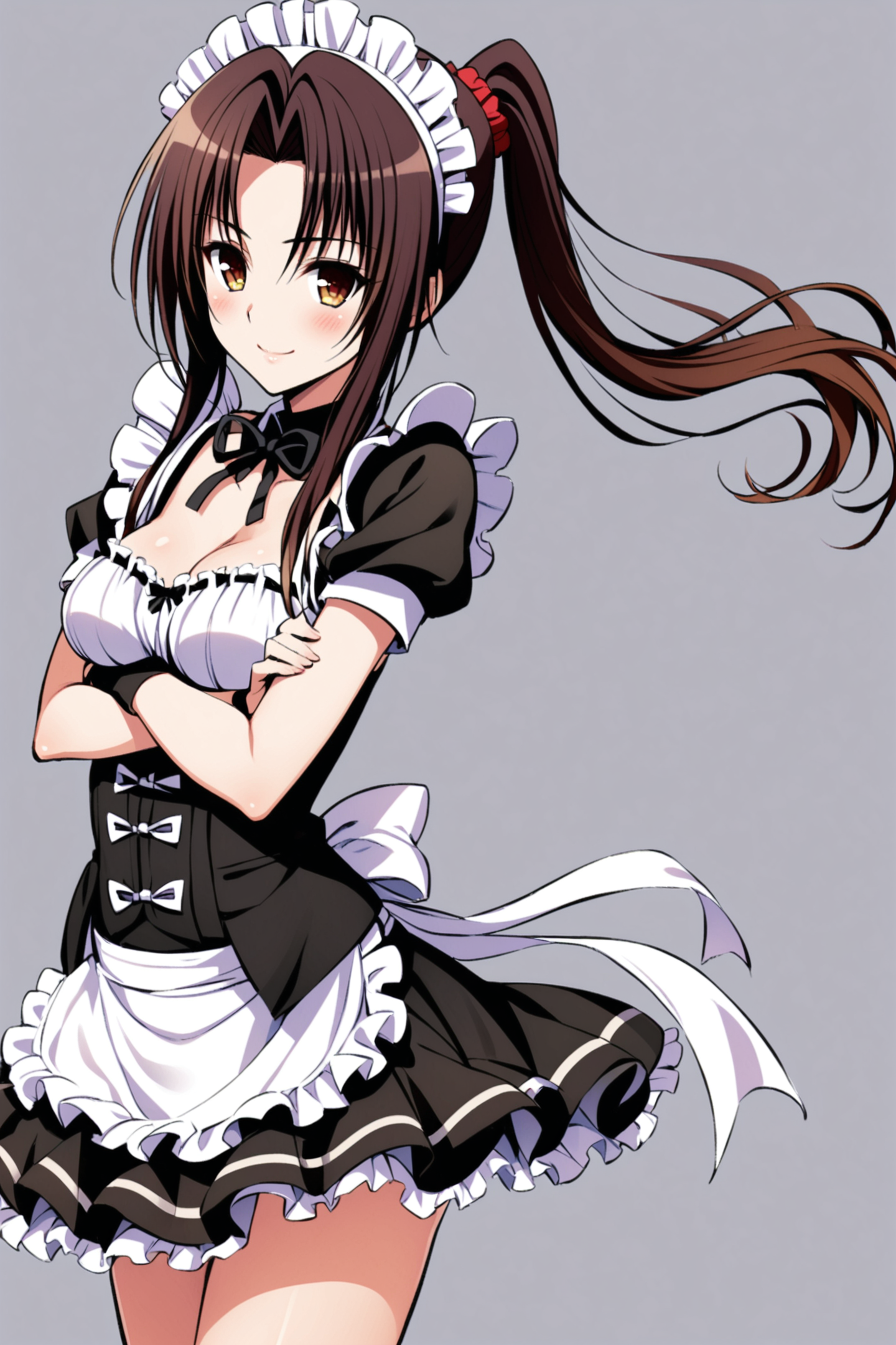 Kujou Rin,1girl,solo,breasts,long hair,brown hair,crossed arms,cleavage,smile,apron,maid,short sleeves,frills,brown eyes,grey background,looking at viewer,medium breasts,ponytail,maid headdress,ribbon,waist apron,cowboy shot,bow,wrist cuffs,simple background,white apron,blush,skirt,standing,black skirt,frilled skirt,frilled apron,closed mouth,bangs,black bow,detached collar,puffy sleeves,black ribbon,floating hair,shirt,puffy short sleeves,scrunchie,neck ribbon,hair intakes,sidelocks,bowtie,parted bangs,dress,<lora:Yabuki Kentarou_XL_V2:0.8>,