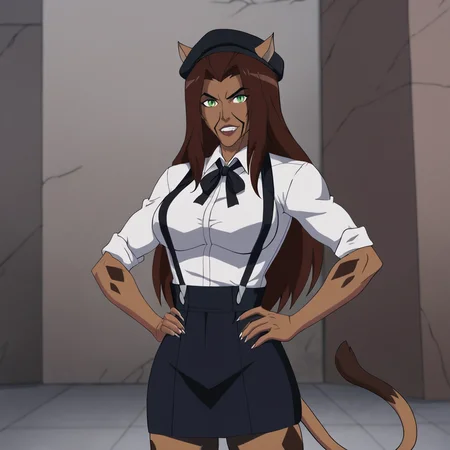 <lora:CheetahBloodlines_pony_v1:.8> CheetahBloodlines, 1girl, animal ears, tail, brown hair, long hair, green eyes, breasts, muscular female, dark skin, dark-skinned female, standing, cowboy shot,  <lora:0902 Home wear 5_v1_pony:1> ruanyi0902,beret,black ribbon,collared shirt,black pantyhose,high-waist skirt,white shirt,suspenders