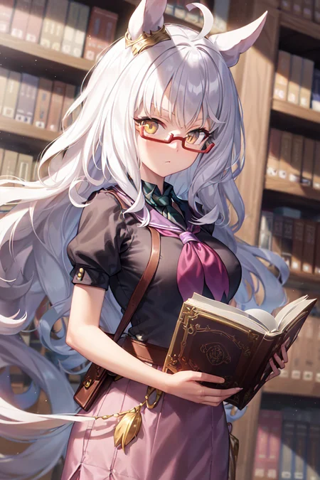masterpiece, best quality,
biwa hayahide \(umamusume\),
semi-rimless eyewear, under-rim eyewear, red-framed eyewear, book, glasses, holding, bookshelf, purple skirt, holding book, closed mouth, under-rim eyewear, black shirt, neckerchief, short sleeves, library, shoulder bag,
<lora:biwa_hayahide_locon_1.0:0.6>