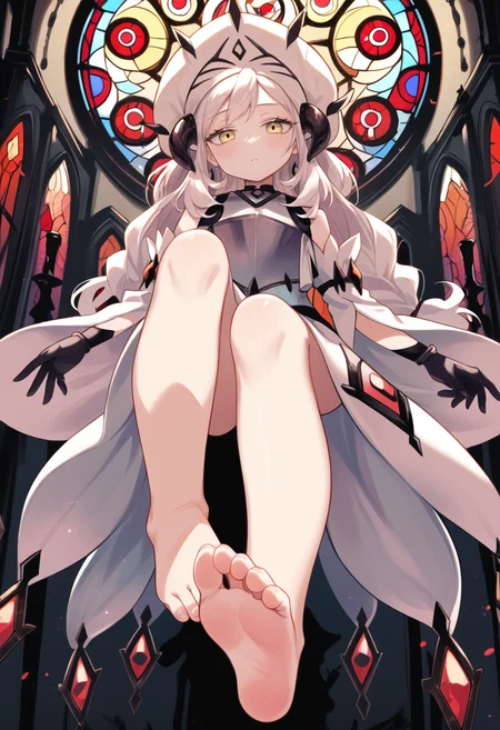(score_9:0.9),score_8_up,score_7_up,rating_explicit,(zPDXL),(zPDXL3),
<lora:White Relic of Dogmatika ponyXL v1:0.75>,white relic of dogmatika,1girl,barefoot,solo,feet,toes,soles,standing on one leg,foot focus,white mitre,looking at viewer,black gloves,black horns,white detached sleeves,white long skirt,white breastplate,glass stained glass,horror \(theme\),