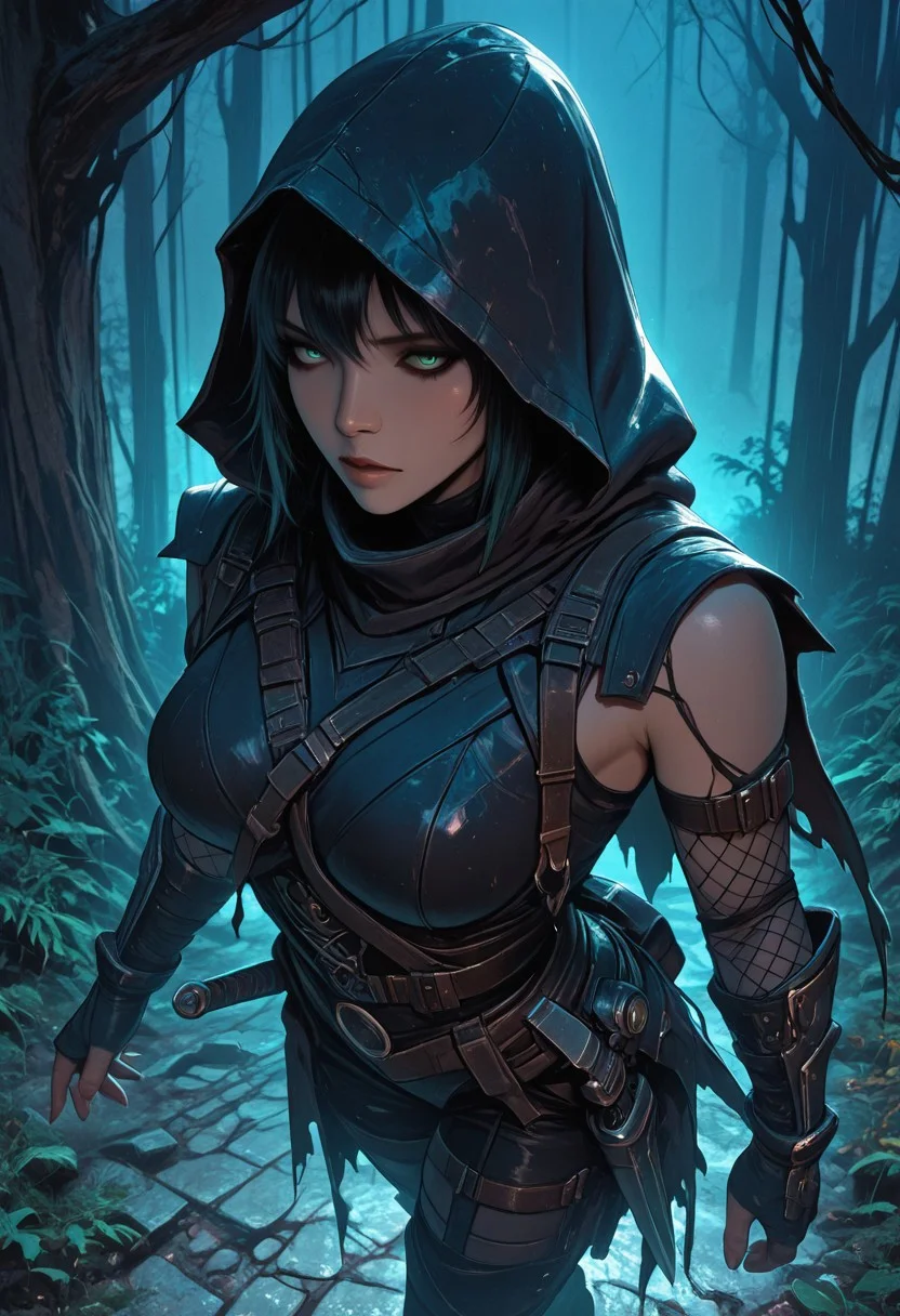 (masterpiece), (best quality), (ultra-detailed), 1girl, unique face, female ninja assassin, emerging from deep shadows, dramatic lighting, dark fabric and layered leather armor, hooded cloak, traditional ninja gear, sleeveless, fishnets under clothing, large breasts, slashed clothing, beautiful girl, detailed face, throwing knife in hand, waist-up to full body view, tense and silent movement, low pose, cinematic lighting from above, rain-slick stone walls, misty air, subtle fog, textured cloth, leather straps, poised and controlled demeanor, ancient forest temple, night, at night, semi-realistic style, moody atmosphere, dramatic foreshortening, cowboy shot, medium shot,