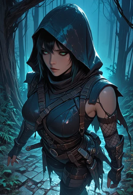 (masterpiece), (best quality), (ultra-detailed), 1girl, unique face, female ninja assassin, emerging from deep shadows, dramatic lighting, dark fabric and layered leather armor, hooded cloak, traditional ninja gear, sleeveless, fishnets under clothing, large breasts, slashed clothing, beautiful girl, detailed face, throwing knife in hand, waist-up to full body view, tense and silent movement, low pose, cinematic lighting from above, rain-slick stone walls, misty air, subtle fog, textured cloth, leather straps, poised and controlled demeanor, ancient forest temple, night, at night, semi-realistic style, moody atmosphere, dramatic foreshortening, cowboy shot, medium shot,