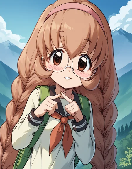 score_9, score_8_up, score_7_up, source_anime, <lora:mimi-usa-s1-ponyxl-lora-nochekaiser:1>, mimi usa, long hair, brown hair, brown eyes, very long hair, braid, hairband, glasses, twin braids,, school uniform, serafuku, long sleeves,, mountain trail, hiking, nature, backpack, adventure, fresh air, smile, <lora:x-fingers-ponyxl-lora-nochekaiser:1>, x fingers, blush, parted lips,, looking at viewer, solo,, dutch angle, cowboy shot
