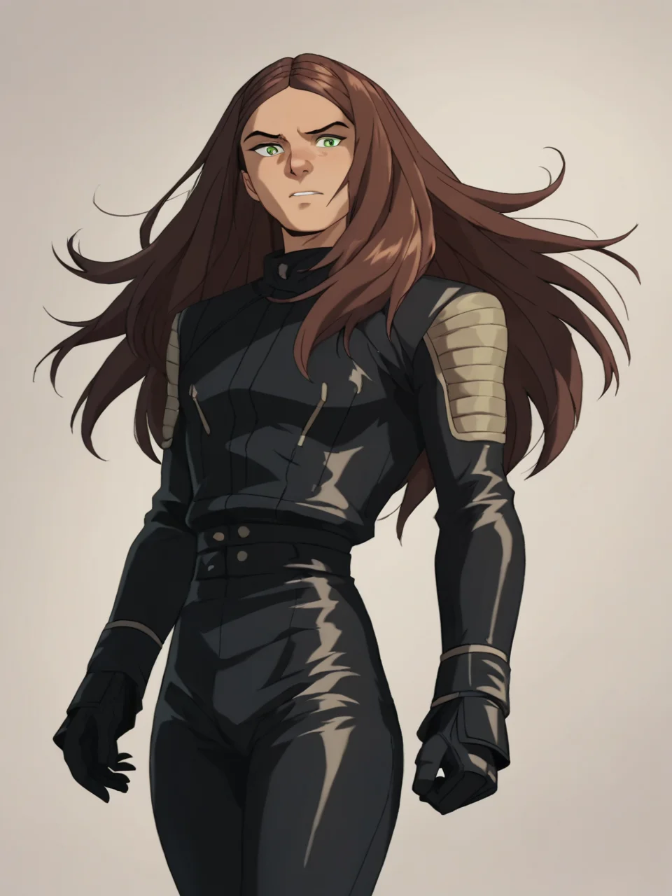 score_9, score_8_up, score_7_up,  score_6_up, BREAK, X23, 1girl, solo, long hair, brown hair, green eyes, black gloves, black uniform,  <lora:X23-000009:1>