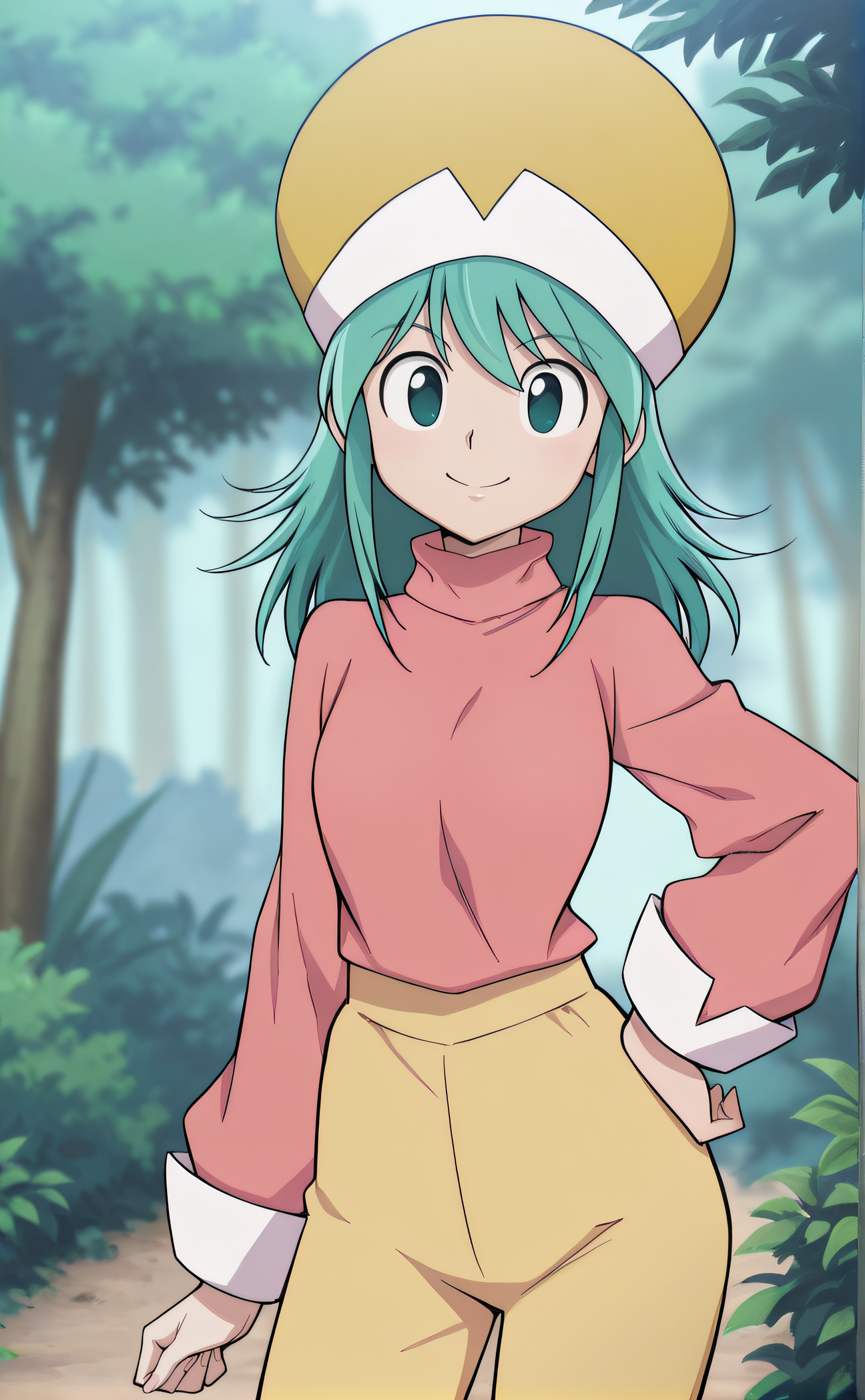 masterpiece, best quality, highres, newest, 1girl, solo, official style, <lora:IL_Ponzu:1>, ponzu, aqua hair, yellow headwear, shirt, turtleneck, yellow pants, smile, outdoor, looking at viewer, cowboy shot, smile, hand on hip, nature