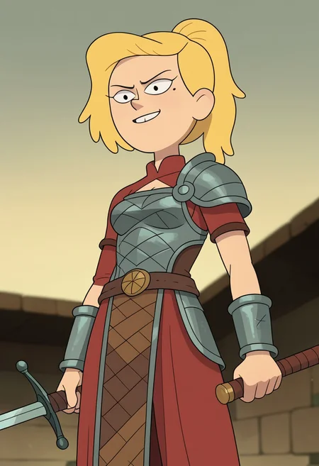 score_9, score_8, score_7, score_6,
triplevexx, solo, sasha waybright, blonde hair, ponytail, black eyes, mole under eye,
Character Description: A muscular woman with a fierce expression and braided hair.
Outfit: A battle-worn gladiator armor with intricate engravings and a flowing cape.
Action: She is raising her sword triumphantly after winning a duel.
Background: The sandy arena of an ancient coliseum, with cheering spectators blurred in the background.
Composition Details: Dramatic, low-angle lighting highlights her strength and victory, with a close-up shot that captures the intensity in her eyes and the gleam of her sword.