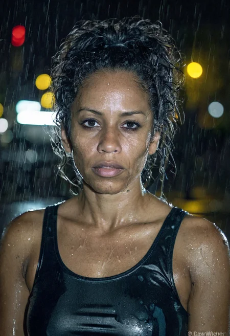 A black adult woman, black satin tank top, Afro hairdo, style by Dan Winters,RAW photography,film grain,(indistinguishable from reality:1.4),photo taken with a Bolex H16, Thorough,analog style,eye focus,highest quality,(highly detailed skin),perfect face,skin pores,(bokeh:0.6),sharp focus,dappled lighting,(backlighting:0.7),film grain,photographed on a Sony A7R IV,18mm F/1.7 cine lens,(highly detailed, intricately detailed),8k,HDR,front view,(upper body:0.9), Hyperrealistic art cinematic film still photography in the style of detailed hyperrealism photoshoot, "Streetpunk Sexy" - Visualize a portrait of a mature woman on a city street. rainy night,The shot,taken from a distance,captures her (wet body:1.6) and indifferent expression in the midst of the urban night. with body sweat and wetness hinting at the city's humid atmosphere. messy hair,pigtails,candid pose,head tilt,The photo,taken with a Canon EOS 5D Mark III,showcases her natural skin texture,including subtle acne (0.3),in hyperrealistic detail under soft,sharp lighting. The depth of field focuses on her,against a backdrop of soothing,muted colors and high contrast,creating a dark,yet gorgeous (1.2) and immersive night scene.