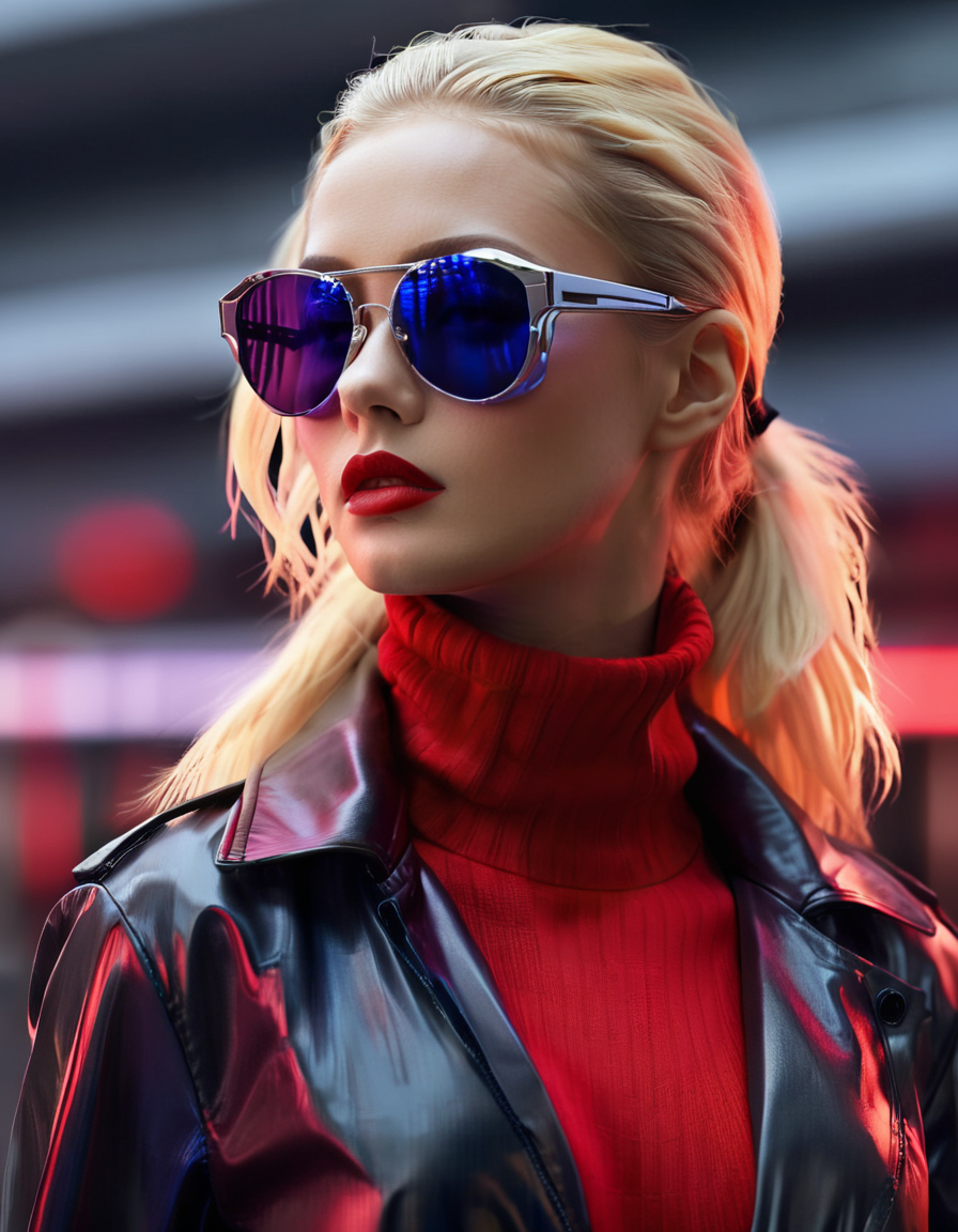 1girl, red lips, makeup, long hair, realistic, blonde hair, ponytail, sunglasses, lipstick, digital media \(artwork\), blurry background, nose, jacket, closed mouth, turtleneck, futuristic glasses, pretty, attractive, slick, strong, cinematic, stunning, highly detailed, real, polished, very smart, aesthetic, inspired, handsome
 <lora:FuturisticGlassesXL:.6>, , <lora:FILM_PHOTOGRAPHY_STYLE:0.25>