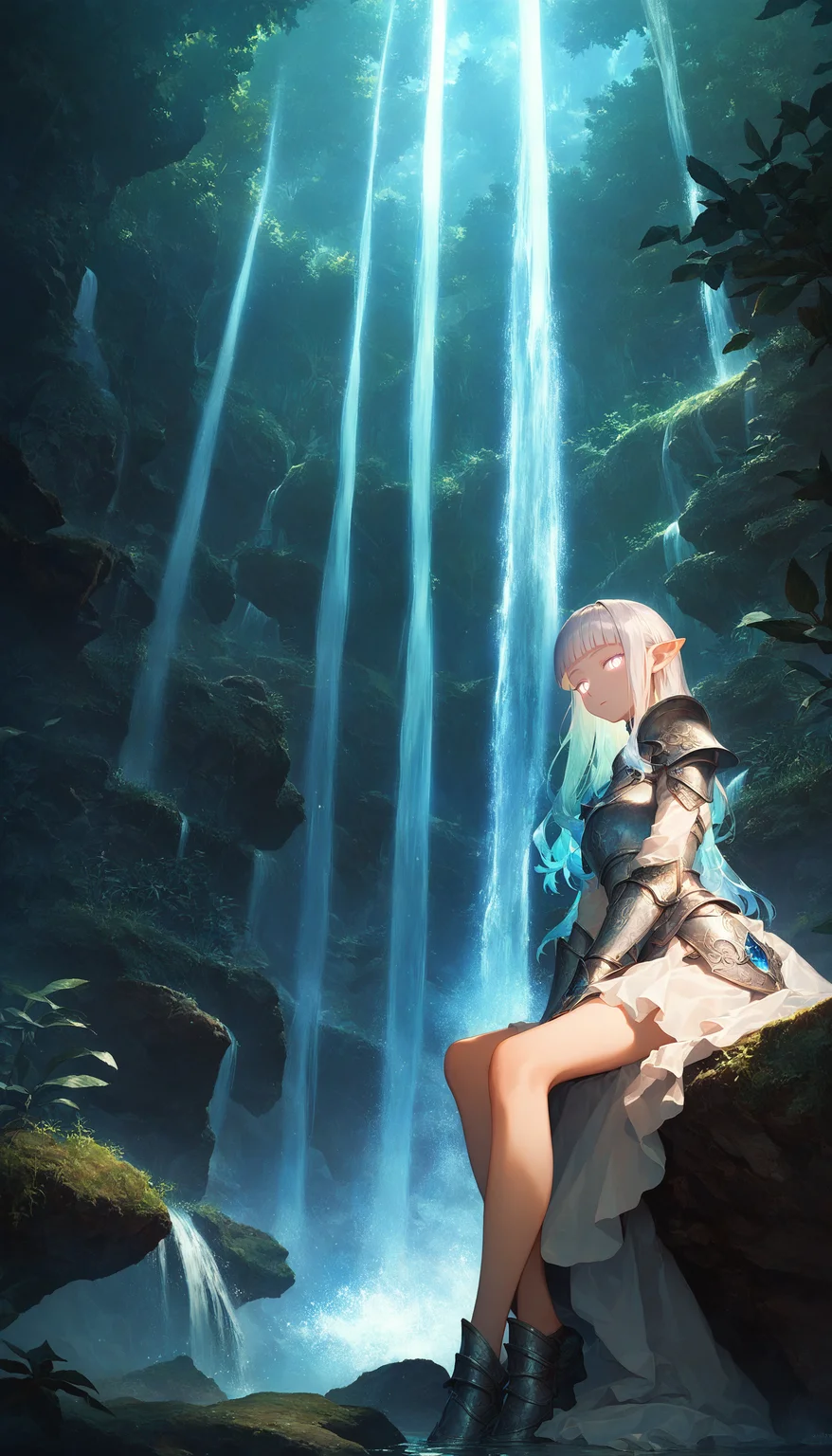1girl, girl knight, beautiful detailed eyes, glowing eyes, blunt bangs, gradient hair, pointy ears, [pearl:opal:0.5] armor, armored dress, 
waterfall, scenery, outdoors, wariza, sitting, from below, looking at viewer,
detailed Illustration, official artwork, wallpaper, official art, night, dappled moonlight, close-up, 
score_9, score_8_up, score_7_up, masterpiece, very aesthetic
<lora:quality_modifiers_masterpieces_v1:1>