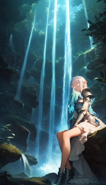 1girl, girl knight, beautiful detailed eyes, glowing eyes, blunt bangs, gradient hair, pointy ears, [pearl:opal:0.5] armor, armored dress, 
waterfall, scenery, outdoors, wariza, sitting, from below, looking at viewer,
detailed Illustration, official artwork, wallpaper, official art, night, dappled moonlight, close-up, 
score_9, score_8_up, score_7_up, masterpiece, very aesthetic
<lora:quality_modifiers_masterpieces_v1:1>