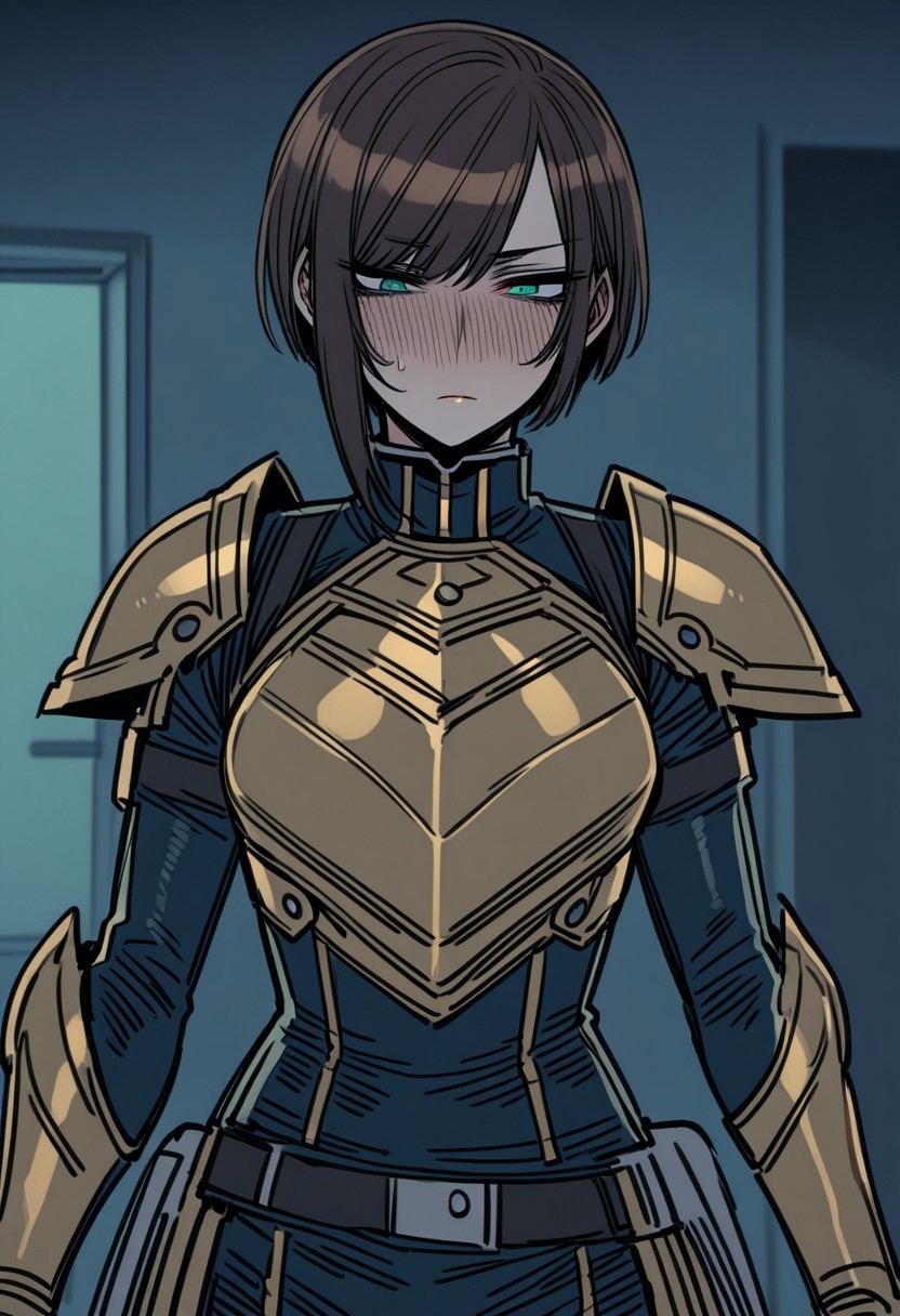 ratatatat74, 1girl, adult, tall girl, (short hair, dark dark brown hair), side-swept hair, straight hair, mature, highly detailed, high quality, detailed face, jade green eyes
BREAK
yellow chrome armor, light armed, breast plate, sword belt
BREAK 
shame, blush, look down
BREAK 
indoors, living room, lamp in background