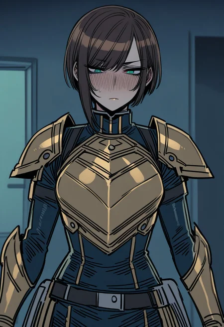 ratatatat74, 1girl, adult, tall girl, (short hair, dark dark brown hair), side-swept hair, straight hair, mature, highly detailed, high quality, detailed face, jade green eyes
BREAK
yellow chrome armor, light armed, breast plate, sword belt
BREAK
shame, blush, look down
BREAK
indoors, living room, lamp in background
