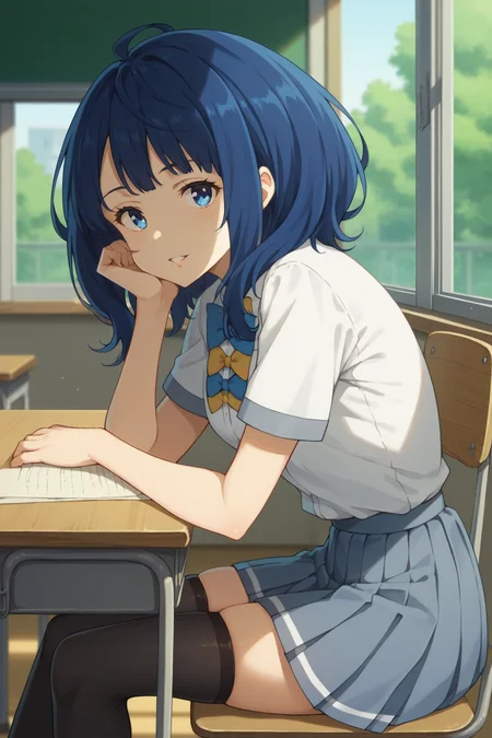 score_9, score_8_up, score_7_up, source_anime, 1girl, prefect lighting, very aesthetic, intricate details, highly detailed background, masterpiece, high quality, prefect hands, best quality, solo,
<lora:Anna_Yanami_Too_Many_Losing_Heroines_V1:.85>, KJOanna, blue hair, blue eyes, medium hair,
school, classroom, desk, window, trees,
white collared shirt, black pleated skirt, red bowtie, thighhighs, skindentation, zettai ryouiki,
looking at viewer,
happy, parted lips, sitting, sitting on chair, arms on desk, head rest, from side,
(Beautiful, small Breasts:1.2), natural breasts,